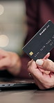 Person, hands and laptop with credit card for online shopping, business finance or payment. Closeup, user or shopper with debit on computer for financial banking, virtual purchase or ecommerce app
