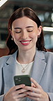 Finance, phone and business woman with laugh in office for accounting or bookkeeping schedule. Funny joke, communication and research with tech and accountant for audit feedback or tax compliance