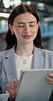 Creative, happy and business woman on tablet for online advertising, digital marketing and website. Bokeh, media agency and person on tech for planning, campaign and research for brand promotion