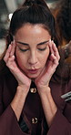 Woman, headache and multitasking with stress in office for demanding colleagues, tasks or chaos. Frustrated, female person or employee with migraine or technology for busy workplace or deadline