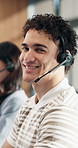 Telemarketing, face and happy man with headset in call center, laugh and communication with contact. Coworking, agent and person with mic, lead generation and consultation with smile in business