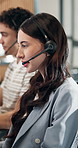 Telemarketing, consultant and woman with headset in call center, chat or communication with contact. Coworking, telemarketer and happy person with mic, lead generation and consultation with tech