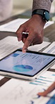 Tablet screen, hands and business people with graph, paperwork and report for financial review. Tech, scroll and workers with documents for finance growth, research and analytics for investment