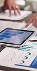 Tablet, hands and business people with graph, paperwork and profit report for financial review. Tech, meeting and workers with documents for finance growth, research and analytics for investment