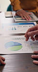 Meeting, hands and business people with graph, documents and sales report for financial review. Team, office and workers with paperwork for budget planning, research and revenue for company growth