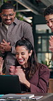 Excited, laptop and business people in office with applause, good news and project approval. Creative, marketing agency and workers on computer with feedback, victory and goals for brand campaign