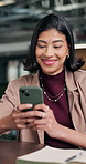 Smile, woman and lawyer in office with phone, research and online evidence for court case. Happy, attorney and reading at law firm with mobile app, witness statement and legal records for proceedings