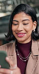Woman, lawyer and review in office with phone, research and online evidence for court case. Smile, attorney or reading at law firm with mobile app, witness statement and legal records for proceedings