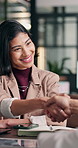 Creative, handshake and woman with smile in business, digital marketing and agreement for assignment. Happy people, talking and collaboration with tech, brand awareness and shaking hands in meeting
