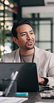Creative, team and happy man with laptop in business, digital marketing and planning for assignment. Colleagues, talking and collaboration with technology, brand awareness and ideas for ad campaign