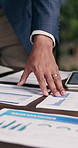Meeting, hands and business people with chart, documents and profit report for sales statistics. Team, office and workers with paperwork for company growth, research and analytics for marketing
