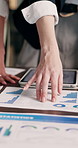 Meeting, hands and business people with statistics, paperwork and report for financial review. Team, office and workers with documents for finance goals, research and graph for investment growth