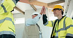 Construction, meeting and men in building with high five for good job, renovation and compliance. Contractor, architecture and people with success for remodeling, progress and infrastructure project