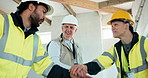 Construction, meeting and people with hands stack for good job, renovation and team motivation. Contractor, architecture and men high five for collaboration for remodeling, project and infrastructure