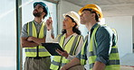 Engineer, teamwork and people with clipboard, pointing or quality assurance for property development. Construction site, inspection and colleagues with checklist, happy and collaboration for project