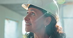 Engineer, thinking and woman with smile in building, inspection and planning for renovation project. Civil engineering, ideas and mature person on construction site, happy and property development
