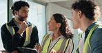 Architect, team and happy people with clipboard, talk or quality assurance for property development. Construction site, inspection and colleagues with checklist, collaboration and safety check update