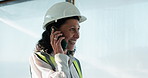 Engineer, phone call and woman with smile in building, walk and communication with contact and chat. Civil engineering, discussion and mature person with mobile, happy and update on construction site