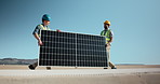 Rooftop, team and men with solar panel for installation, maintenance and renewable energy. Outdoor, technician and people with photovoltaic cell for alternative power, electricity and sustainability