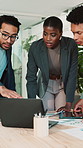 People, meeting and discussion with laptop in office for business revenue or financial report. Group, employees or analytics with computer for statistics, performance review or analysis in workplace 
