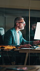 Night, reading and business man on computer for financial audit, proposal and risk assessment. Office, manager and mature person on tech for finance review, research or deadline for wealth management
