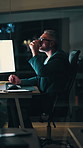 Coffee, computer and man with graph at night for financial report, audit deadline and risk assessment. Office, business and mature person with caffeine for finance review, productivity and investment