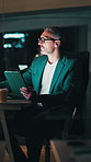 Night, manager and business man on tablet for financial planning, audit and risk assessment. Office, corporate and mature person on tech for finance review, research or report for investment proposal