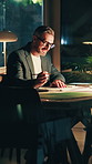 Architect, drawing and man with smile at night, overtime and drafting floor plan with tablet or info. Architecture, sketch and mature person with glasses, working late and happy with tech in office