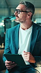 Thinking, tablet and business man with investment solution, financial planning and risk assessment. Corporate, mature and person on tech for research, finance report and audit for budget proposal