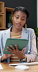 Business, office and black woman with tablet for schedule, tasks or company agenda in workplace. Female person, employee or research with technology or app for checklist, review or network connection