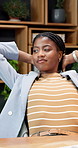 Relax, stretching and office with black woman for break, productivity or free time for done tasks. Female person, employee or chilling with smile or pride for finished project, agenda or completion