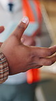 Hands, carpenter or person talking at meeting in workshop for manufacturing, idea or planning. Carpentry, employee or advice for woodwork with tablet, joinery feedback or explain production with team