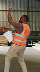 Happy, carpenter and dance in workshop with success, clipboard and inventory management achievement. Excited, black man and groove in factory with checklist, celebration and goals for stock control.