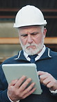 Tablet, man and logistics in warehouse with report, research and supply chain for shipping. Serious, mature person or review in depot with tech, schedule dispatch and inventory stock for distribution