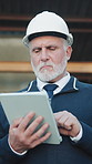 Tablet, man and logistics in warehouse with scroll, research and supply chain for shipping. Serious, mature person or review in depot with tech, schedule dispatch and inventory stock for distribution