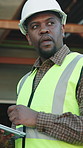 Tablet, black man and logistics in warehouse with thinking, research and supply chain for shipping. Idea, person or scroll in depot with tech, schedule dispatch and inventory stock for distribution