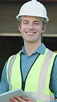 Face, man and logistics in warehouse with tablet, research and supply chain for shipping. Smile, person and portrait in depot with tech, schedule dispatch and inventory for stock distribution