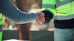 Handshake, meeting and construction team outdoor with building, repairs or renovation deal. Inspection, partnership and contractor shaking hands with civil engineer for negotiation on remodeling.