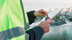 Building, hands or engineer with tablet for planning, urban development or scroll on digital layout. Man, review or tech on rooftop for feedback, compliance research or project report in construction