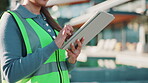 Outdoor, hands or engineer with tablet for feedback, urban development or scroll on digital layout. Woman, app or tech at building for research, compliance planning or project report for construction