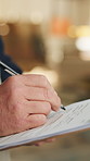 Planning, hands or writing on clipboard in carpentry for joinery notes, material list or pricing. Paperwork, carpenter or warehouse checklist for custom design, furniture quote or manufacturing trade