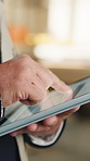 Hands, carpenter and man with tablet in warehouse for inspection, planning or scroll. Manufacturing, timber factory and person with tech and schedule for workshop, safety and compliance with stock