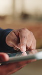 Hands, carpentry and man with tablet in warehouse for inspection, planning or scroll. Manufacturing, timber factory and person with tech and schedule for workshop, safety and compliance with stock