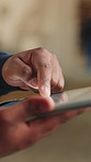 Hands, carpenter and man with tablet in workshop for inspection, planning or scroll. Manufacturing, timber factory and person with tech and schedule for warehouse, safety and compliance with stock