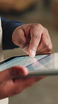 Hands, carpenter and zoom with tablet screen in warehouse for inspection, planning or scroll. Manufacturing, timber and person with tech and schedule for workshop, safety and compliance with stock