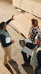 Woodwork, teamwork and discussion in factory above, stock inspection or production analysis. Men, carpenter and planning in meeting for manufacturing clipboard, storage chart and point with tablet