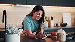 Home, smile and woman in kitchen with phone, typing and social media or internet and texting. Reading, person and tech with communication, connection or message for online dating or chatting app