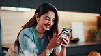 Laugh, smile and woman in kitchen with phone, typing and social media or internet and texting. Reading, person and tech with communication, connection or message for online dating or chatting in home