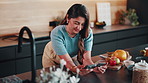 Credit card, phone and woman in kitchen for online shopping, food purchase and internet order. Typing, home and person on mobile app with debit info for ecommerce, subscription and web discount