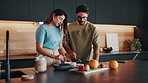 Couple, conversation and smile in kitchen with yogurt, breakfast and bonding with support.Love, people and muesli for brunch with nutrition, healthy food and meal preparation for wellness and care
